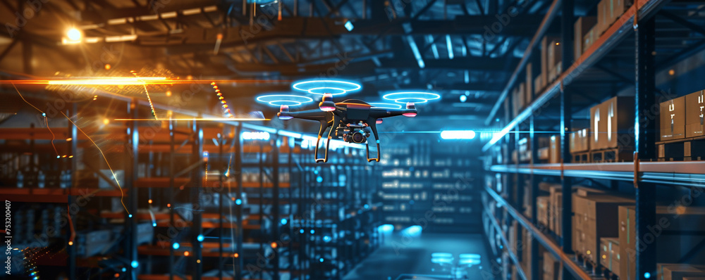 Smart warehouse interior with drones and robotic arms illuminated by a mesh of glowing lines representing the speed and connectivity of 6G technology