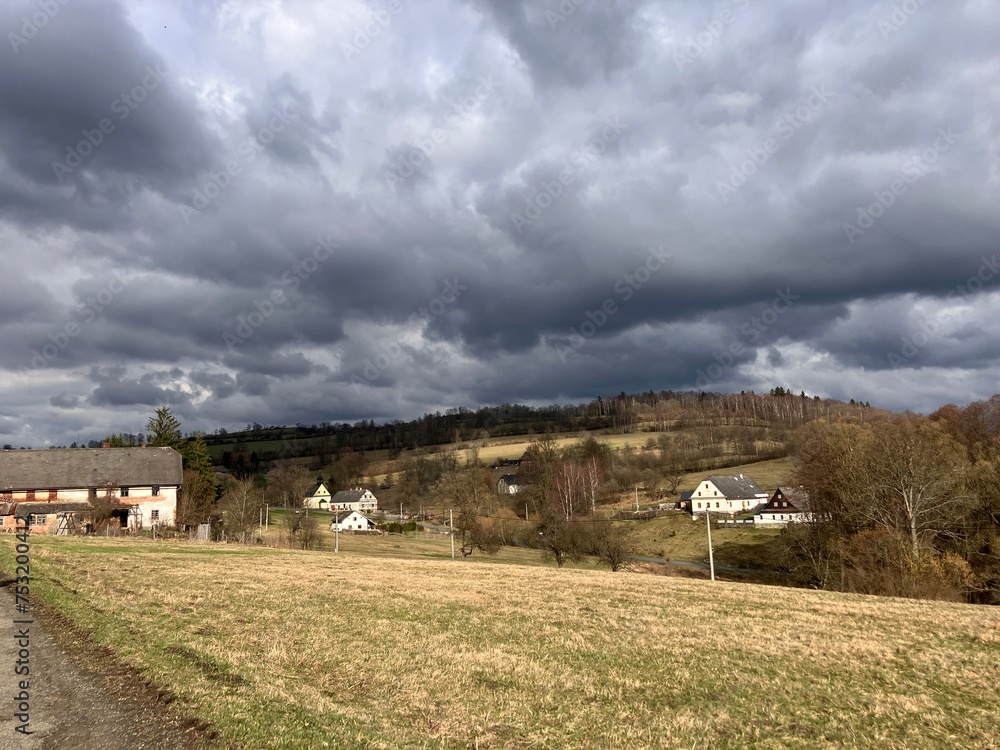 Obraz premium Zleb, Hanusovice, Czech 4 March 2024: beautiful Czech nature and the village of Zleb in the Czech mountains