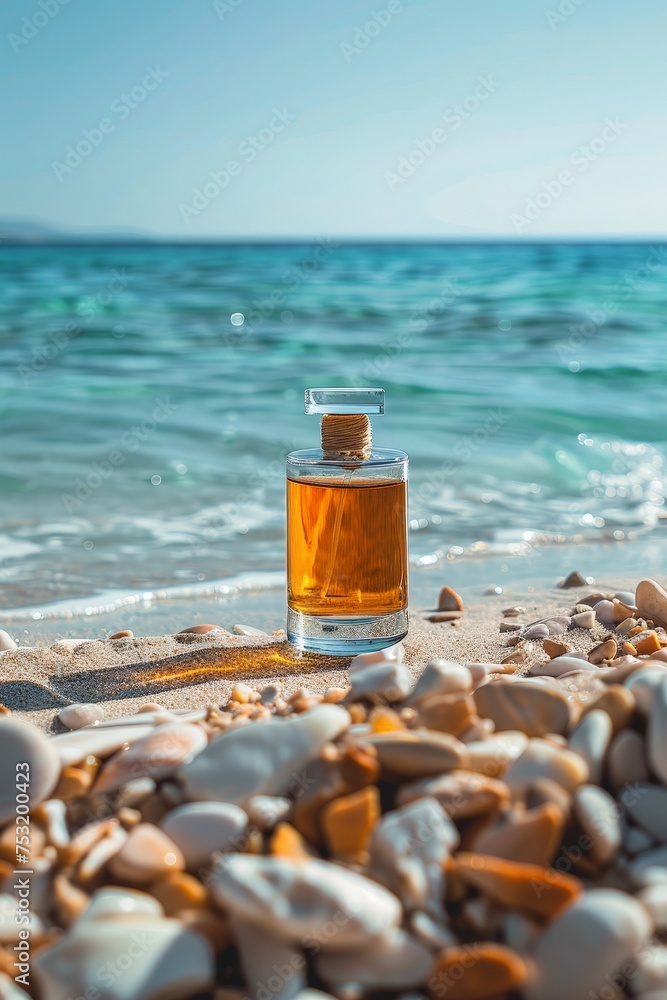 A commercial poster featuring a brown perfume bottle, clean composition, and text, showcasing elegance and sophistication in fragrance A commercial poster featuring a brown perfume bottle, clean composition, and text, showcasing elegance and sophistication in fragrance