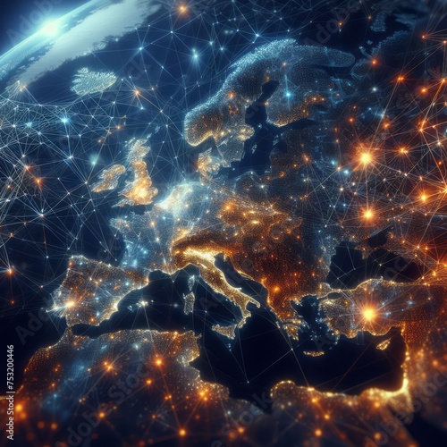 A captivating visualization of the Earth with a network of glowing connections across continents, illustrating the intricate web of global communication. concept of a connected world