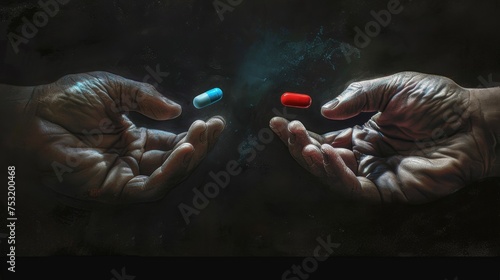 Two hands emerge from darkness; one holds a red pill, the other a blue pill, against a stark black background.