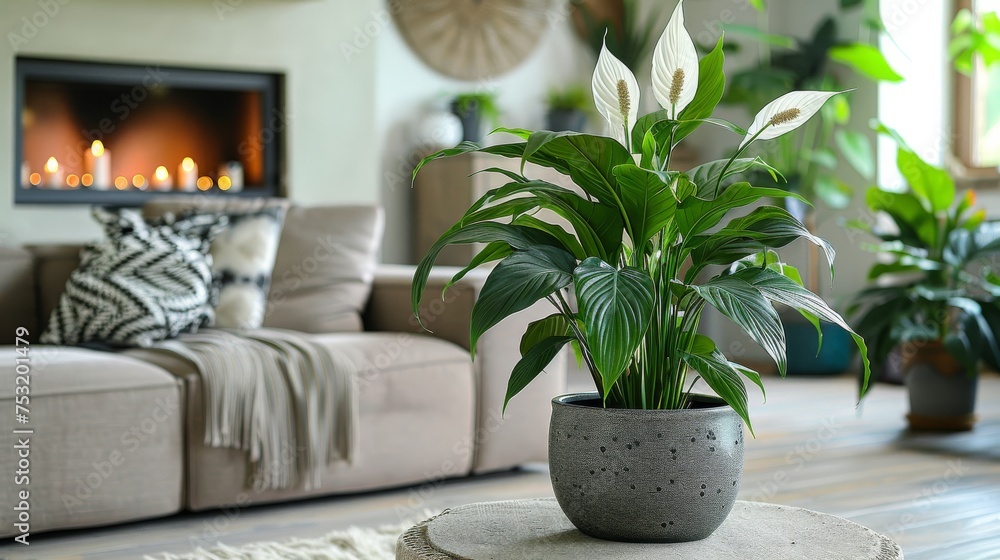 Living Room With a Couch and Plant in Vase