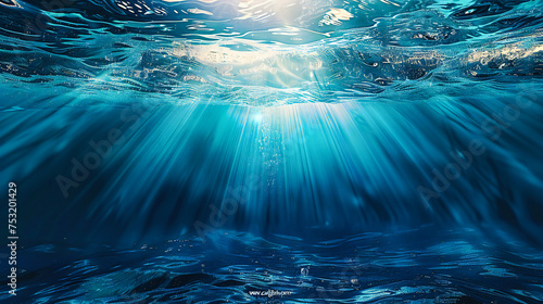 Underwater Ocean Scene with Sunlight Rays, Deep Sea Diving and Marine Life Exploration Concept photo
