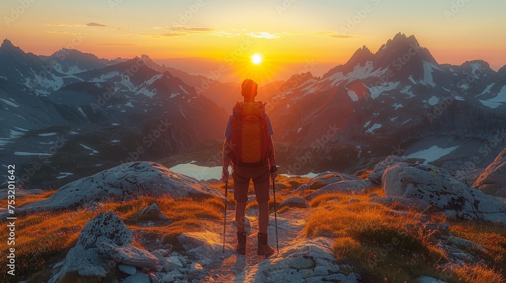 Person Standing on Top of Mountain at Sunset