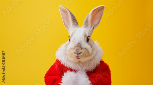 Cute Easter bunny dressed and disguised as Santa Claus, yellow background