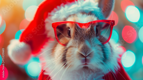 Cute Easter bunny dressed and disguised as Santa Claus and wearing red glasses photo
