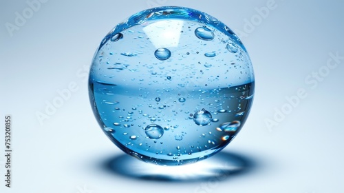 Sparkling sphere, blue glass ball with water drops on white background