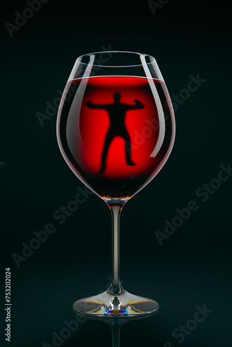 Картината върху платно The allegoric scene with a drunk man swimming in a wineglass on dark background