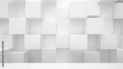 An abstract white modern architecture background features white cubes adorning the wall, creating a visually striking composition.