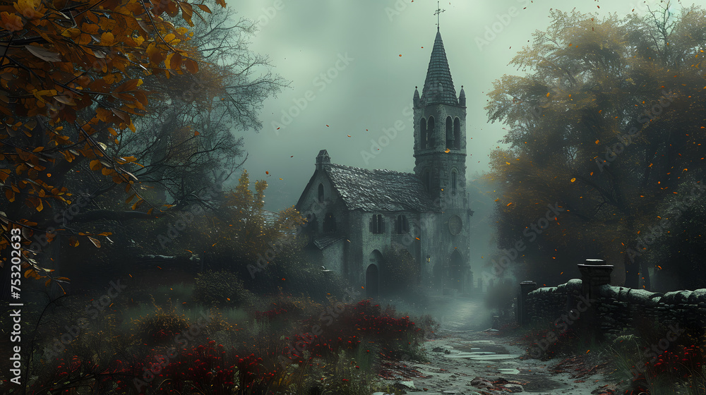 Mysterious Medieval Church in an Autumnal Misty Forest