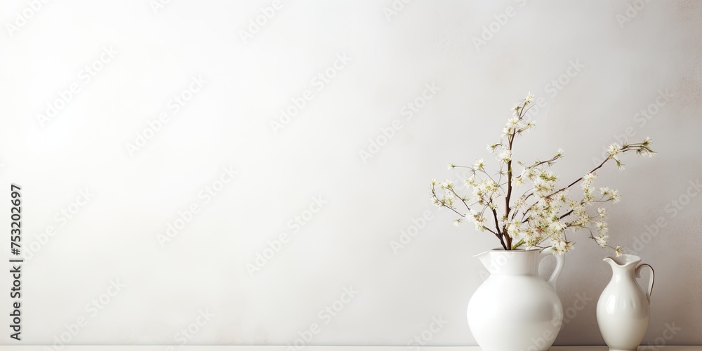 White vintage wall background enhances soft home decor featuring a white jug and vase.