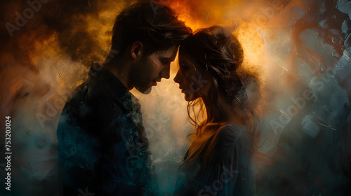 Intimate Couple Embracing in a Surreal Fire and Ice Atmosphere