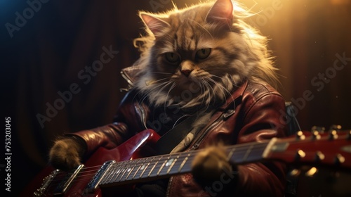 Portrait of a gray cat-musician with a guitar in a leather jacket on stage