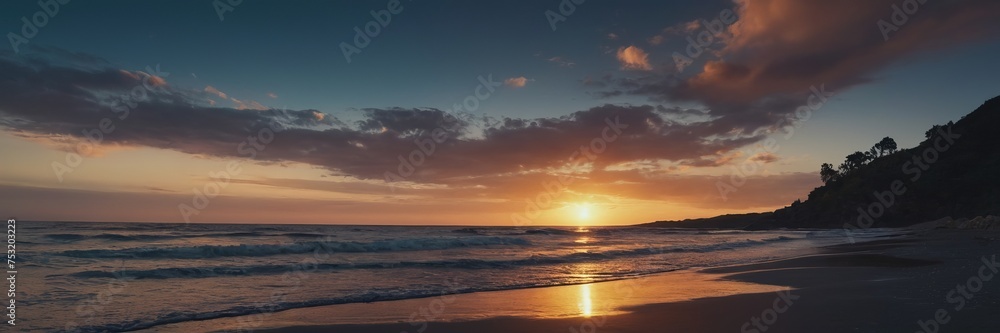 sunset on the beach overlooking the sea. background concept for website, blog or social media. atmosphere of calm and relaxation, Meditation and relaxation, Travel brochures and resort advertising.