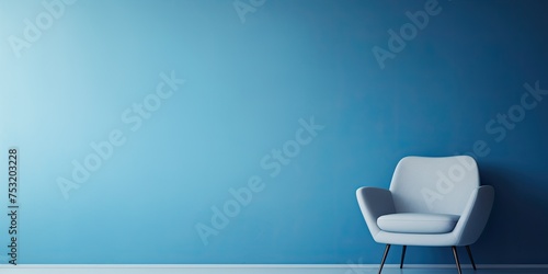 Minimal concept of a blue chair in a living room with a blue and white backdrop.