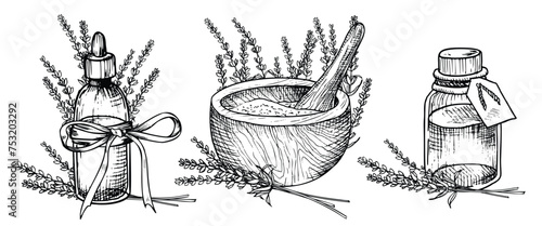 Lavender Essential Oil. Hand drawn linear vector illustration of vintage Bottle, mortar and pestle for aromatherapy in black and white colors. Drawing of Flacon with Flowers for cosmetic or medicine.