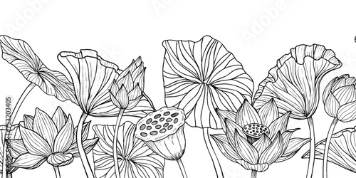 Lotus Flower seamless Border. Hand drawn vector illustration of waterlily plants on isolated background. Floral pattern for frame or spa Zen banner. Drawing in black and white colors.