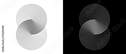 Two circles in a spiral or infinity symbol. Art lines illustration as logo or tattoo, icon. Black shape on a white background and the same white shape on the black side.