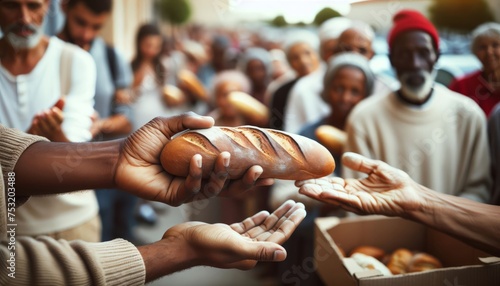 They extend their hands, serve, and donate bread to a line of hungry people in need. A generous volunteer movement to help the disadvantaged in difficult war times. photo