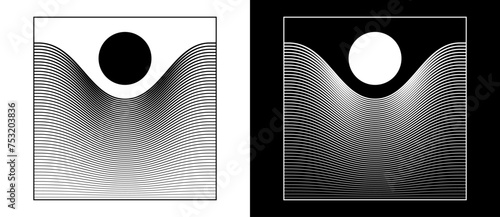 Art sun concept background. Tattoo template or logo with lines. Black shape on a white background and the same white shape on the black side.