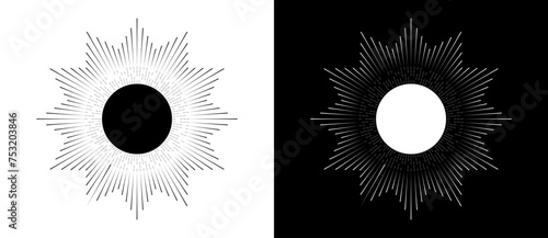 Abstract sun concept with artistic geometric lines around circle. Tattoo styles, logo or icon. Black shape on a white background and the same white shape on the black side. photo