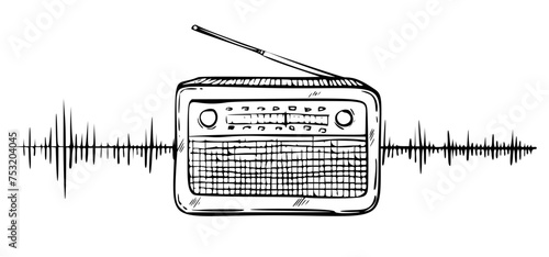 Radio vector illustration. Hand drawn linear drawing of FM tuner with sound wave painted by black inks. Sketch of old retro media equipment in outline style. Engraving of sound receiver for broadcast.