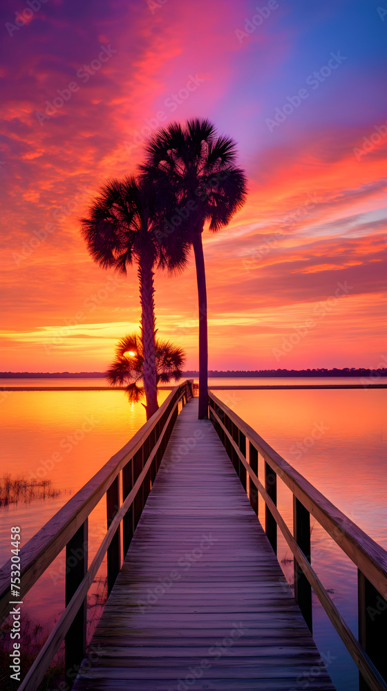 Majestic Dawn: Sunrise Reflecting on Tranquil Beach with Silent Palm Trees and Wooden Boardwalk