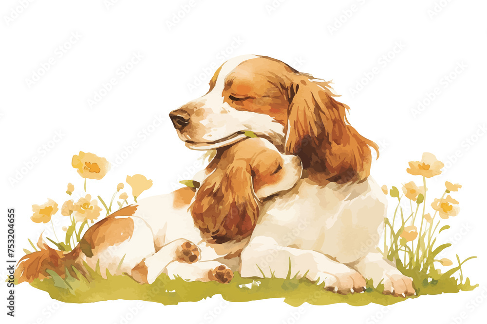 An illustration of mother and baby dog in watercolor style.