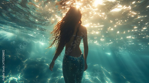  mermaid swimming underwater with a magnificent tail illuminated by light rays. Concept: magic and mystery of the ocean depths, mythical creatures of the depths  © Marynkka_muis