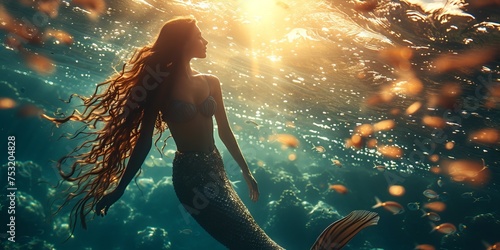  mermaid swimming underwater with a magnificent tail illuminated by light rays. Concept: magic and mystery of the ocean depths, mythical creatures of the depths 