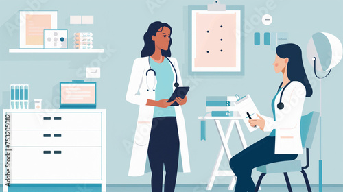 Contemporary Healthcare Illustration Depicting a Doctor with Digital Tablet Consulting with a Colleague, Modern Clinic Interior Design, Medical Professionals at Work, Digital Health Technology