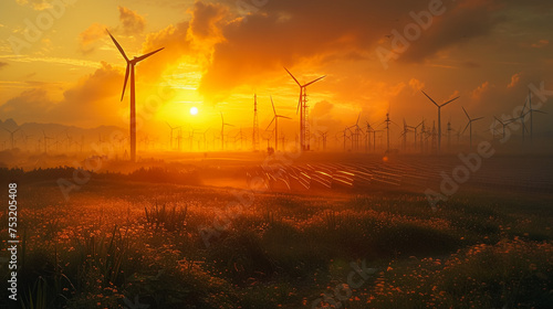Solar panels and wind turbines for a decarbonized society photo