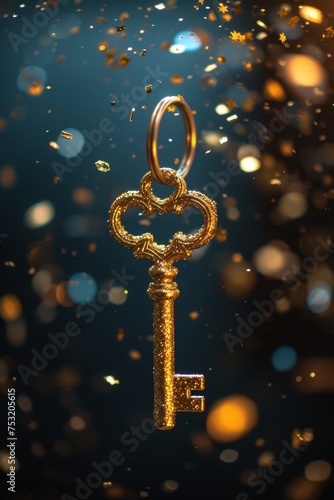 A golden key surrounded by sparkling lights on a black background. Business concepts of unlocking potential, the key to success, or financial opportunities © Александр Лобач