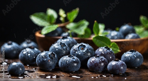 Washed blueberries on a wooden table 