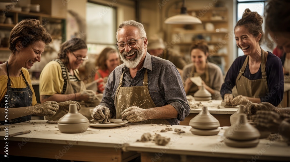 A gray-haired man laughs while sitting at a table in a pottery workshop, with other students working around . A gray-haired man laughs while sitting at a table in a pottery workshop, with other students working around .