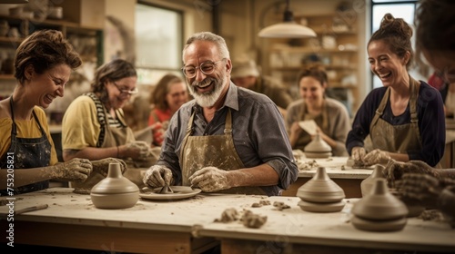 A gray-haired man laughs while sitting at a table in a pottery workshop, with other students working around . photo