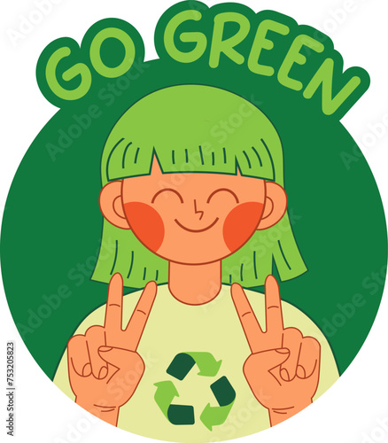 Icon, sticker, avatar with girl and text go green. Motivational, inviting vector illustration of ecology and green life
