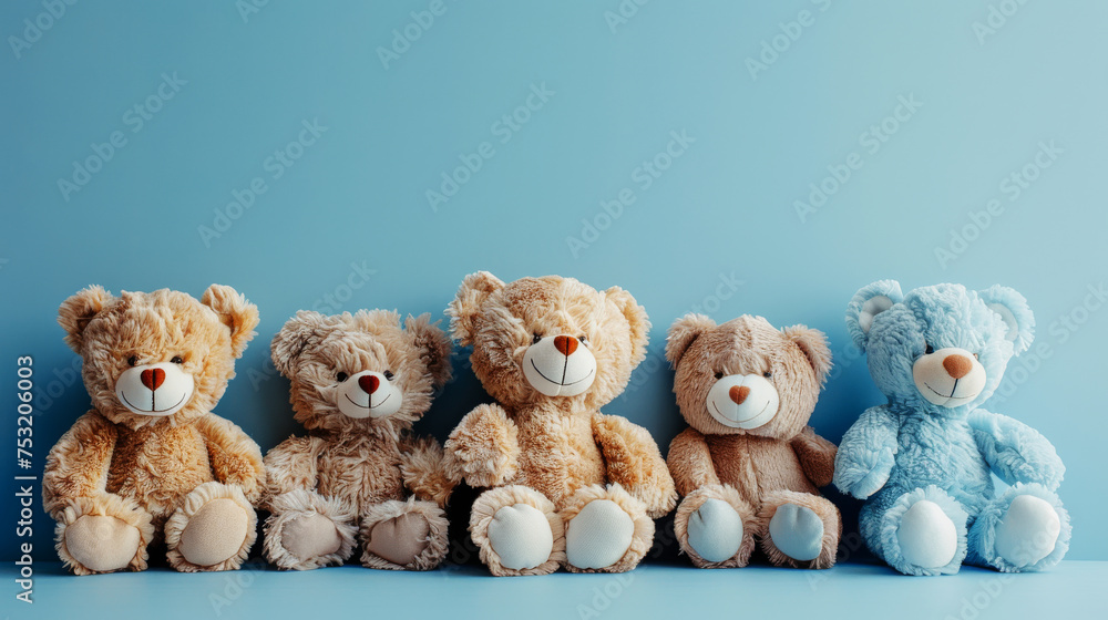 Lineup of Plush Teddy Bears.
A diverse collection of teddy bears sitting in a row against a blue backdrop. Lineup of Plush Teddy Bears.
A diverse collection of teddy bears sitting in a row against a blue backdrop.
