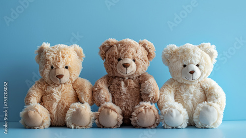 Teddy Bear Trio on Blue. Three cuddly teddy bears posing on a soft blue background.