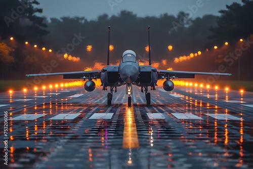 Supersonic fighter jet on air force base airfield getting ready to take off at night