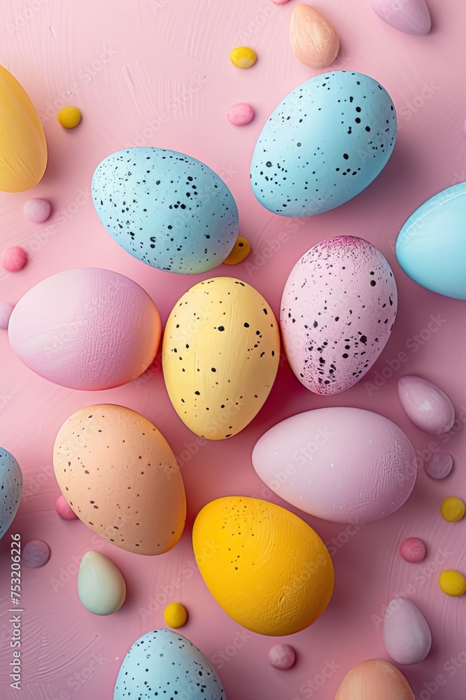 Easter-themed card with colorful solid eggs in light colors, radiating a joyful and celebratory mood.