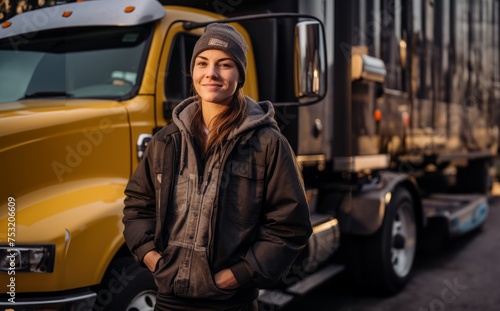 Female Trucker Takes a Break After Long Day.Generated image © .shock