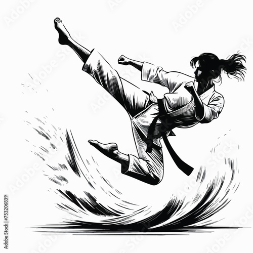 silhouette of a person jumping With kick, karate woman in kimono 