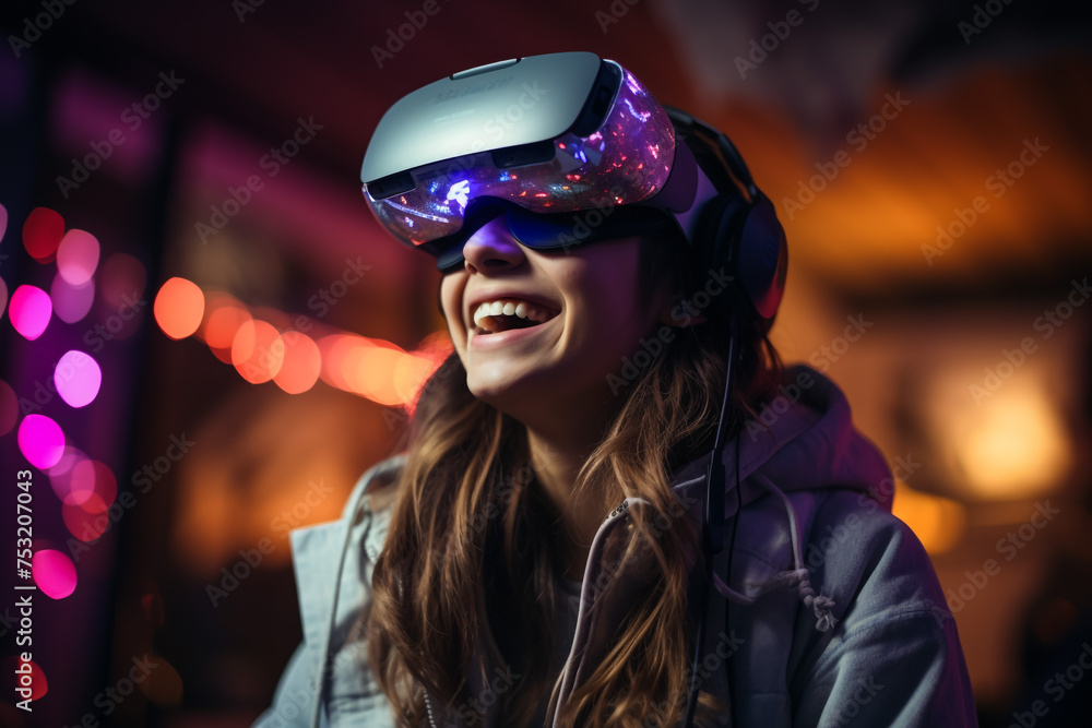 A young guy is wearing virtual reality googles or head set and playing in virtual reality in his room - obrazy, fototapety, plakaty 