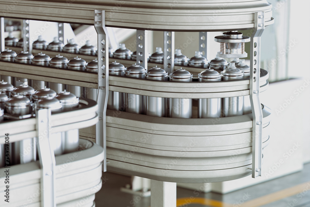 3D Rendering of Packaging Production Line with Rows of Unlabeled Spray Cans
