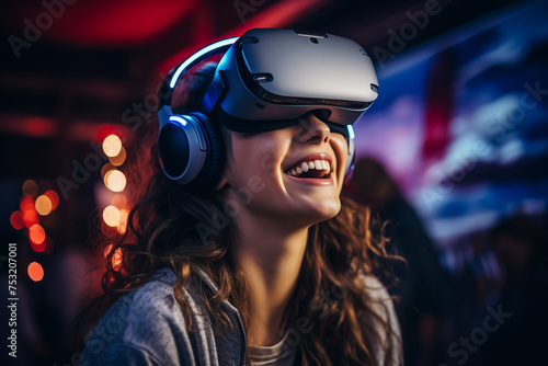A young guy is wearing virtual reality googles or head set and playing in virtual reality in his room photo