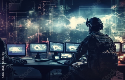 Techno-Warfare Professional Soldier Engaged with Combat Holograms on Computer.Generated image