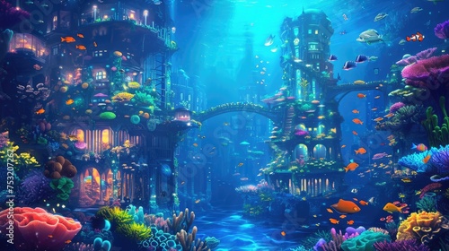 An underwater city with bioluminescent coral, schools of colorful fish, and ancient ruins, all illuminated by the eerie glow of an underwater volcano. Resplendent. © Summit Art Creations