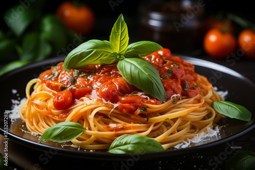 Spaghetti with artistic ketchup and fresh ingredients for food photography and restaurant menu