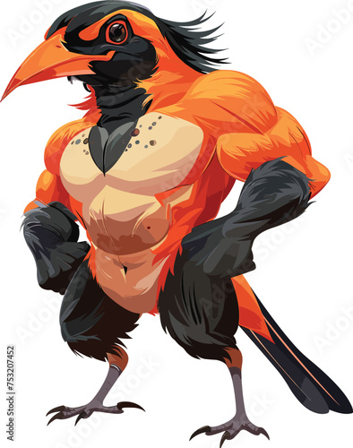 Anthro muscular oriole bird feeling tough. Baltimore Oriole Bird Vector Illustration